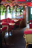Het rookvrije gedeelte van het overdekte terras van The Old Pal, met rieten stoelen en rode kussens onder de bloesem
